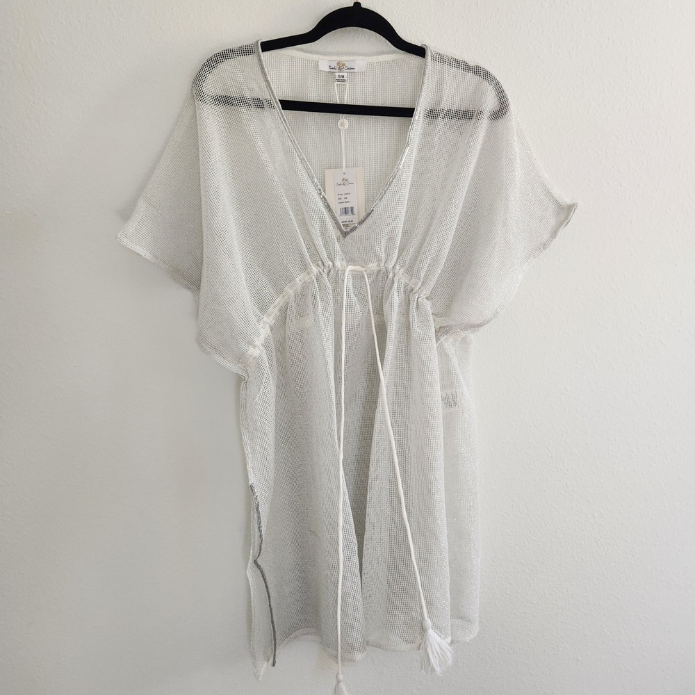 Turks & Caicos White Metallic‎ Mesh Swim Cover Up Kaftan Tassel Size S/M NWT